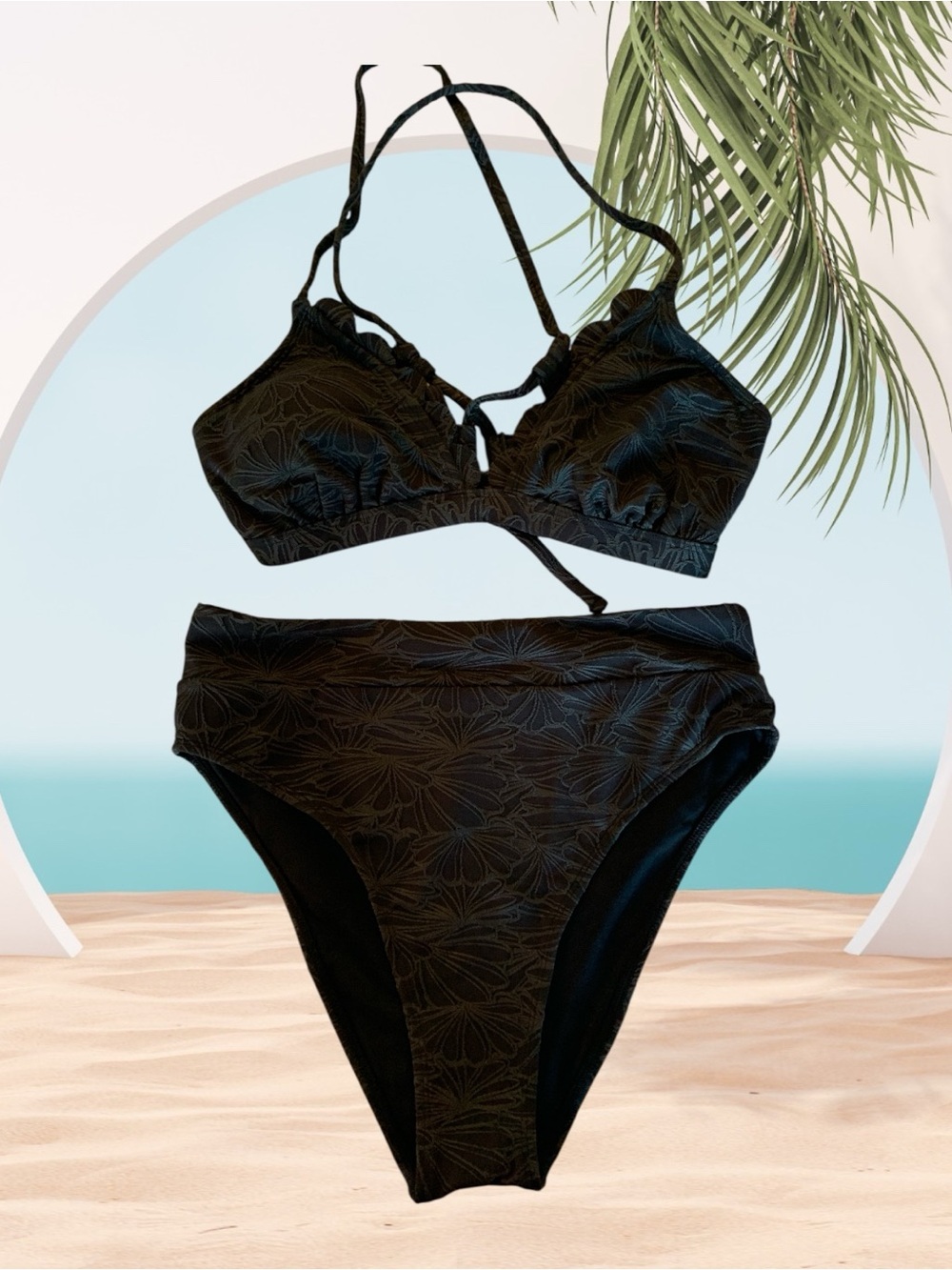 Cupshe Black Floral-Texture High-Waist Bikini Set